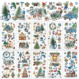 Whaline 10 Sheets Christmas Winter Rub on Transfer for Crafts Snowman Xmas Tree Rub on Transfer Stickers Pastel Blue Furniture Decals for Home Party DIY Crafts, 5.9 x 11.8 Inch