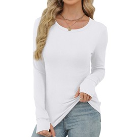 White Long Sleeve Shirts for Women Fleece Thermal Winter Clothing for Women with Thumb Holes Crewneck Womens Tops Trendy M