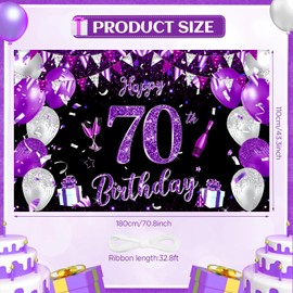 Purple 70th Birthday Decoration Banner for Women Large Black Purple Silver Happy 70th Birthday Banner Purple and Black 70th Background for 70th Birthday Anniversary Party Supplies