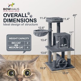 BOWHAUS Tall Cat Tree for Indoor Large Cats or Kittens, Multi-Level Cat Activity Tree with Scratching Posts, Hammock, Cat Cave Condo, Modern Cute Small Cat Climbing Tower with Widened Perch