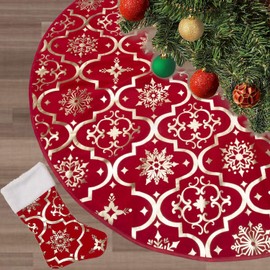 Flash World 36 Inch Large Christmas Tree Skirt Xmas Soft Cover Mat Decor Snowflake Collar Farmhouse Tree Skirt for Holiday Ornaments Party Home Indoor Decorations (Red, 36INCH)