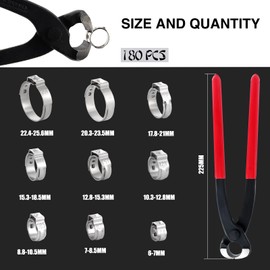 Knpwer 180 Pieces 304 Stainless Steel Single Ear Continuous Hose Clamp Set, 6-25.6 mm, 9 Sizes, Crimp Hose Clamps Assortment Kit, Ear Cinch Rings, Crimp Pinch Fitting Tools
