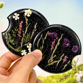 Swooflia Flower Car Cup Holder Coasters for Women - 2.75 Inch Cute Resin Automotive Drink Cupholder Insert Car Accessories 2 Pack Black White Purple