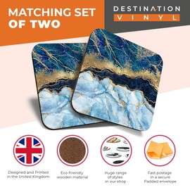 Great Coasters (Set of 2) Square/Glossy Quality Coasters/Tabletop Protection for Any Table Type - Marbled Art Effect Blue Gold Marble #21152