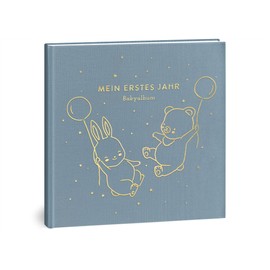 My First Year Baby Album - High-Quality Linen Book with Gold Embossing for the Most Beautiful Memories - Baby Book to Enter for the First Year of Life - Baby Gift for Birth (Balloons Blue)