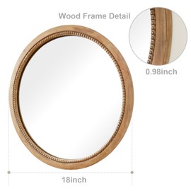 sawsile Round Wood Mirror,18 inch Circle Rustic Farmhouse Natural Wooden Frame Boho Beads Wall Mirror for Bathroom,Living Room,Bedroom or Entryway