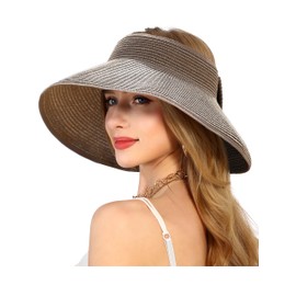 Womens Beach Straw Sun Hats Ponytail Hole Wide Brim Summer Visor Foldable Hat Sun Protection Packable for Travel Pool(One Size,Coffee)