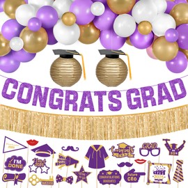 KatchOn, Purple and Gold Graduation Balloons Arch Set - Huge Pack of 70| Congrats Grad Banner, Photo Booth Props, Lanterns for Graduation Decorations 2025 | Class of 2025 Balloons, Grad Party Supplies