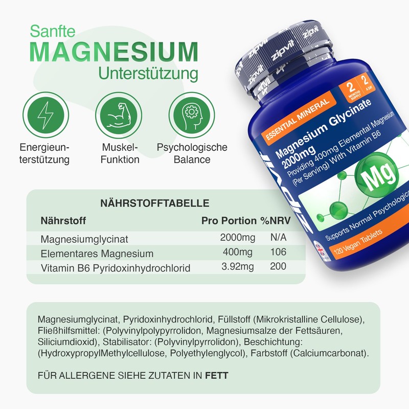 Magnesium Glycinate 2000 mg (as Bisglycinate) Plus Vitamin B6 with