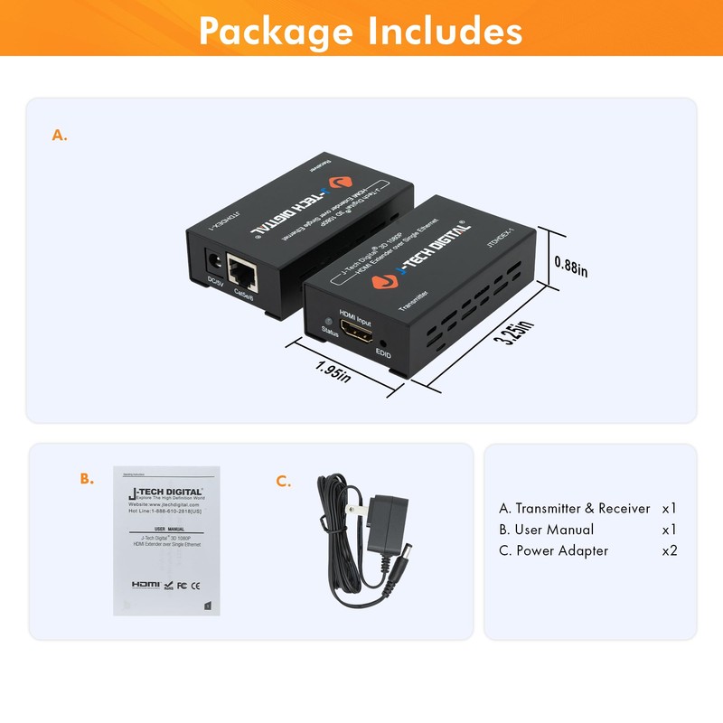 J-Tech Digital HDMI Extender over cat5e/6 1080P@200ft HDMI Balun Over