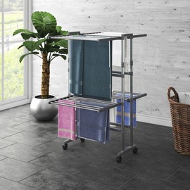 vidaXL 2-Tier Laundry Drying Rack with Wheels - Aluminum Clothes Drying Stand - Foldable Design for Space Saving - Silver, 23.6"x27.6"x41.7"