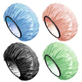 Aquior Gorro de ducha, paquete de 4 gorros de ducha grandes para mujer, de pelo largo, de satén suave, sedoso, reutilizable, para todas las longitudes de cabello y peinados grandes