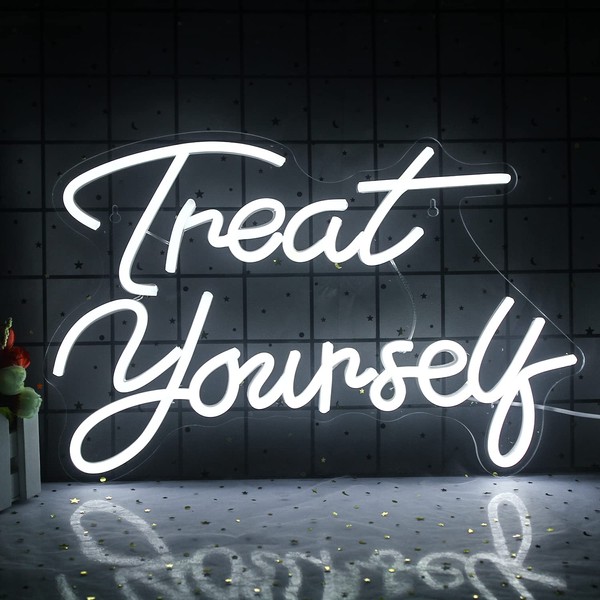 Wanxing Treat Yourself Neon Sign White LED Signs Wedding Neon Lights Words Neon Sign for Bedroom Light up Sign USB Powered Switch LED Neon Sign for Wall Decor Wedding Decoration Birthday Party Girls Bedroom (white treat yourself)