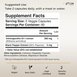 gflow vitamins Ashwagandha Supplements - ashwagandha Powder Capsules Extra Strength with Black Pepper | Mood Support, Focus, Energy Support | Vegan Friendly, Non-GMO, USA Made - 6 Months Supply