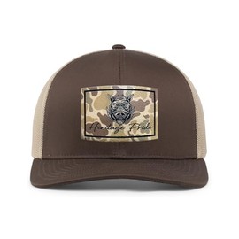 Heritage Pride Wild Boar Hog Pig Hunting Outdoors Engraved Camo Leather Patch Mesh Back Trucker Hat, Brown/Khaki