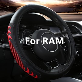 Leather Steering Wheel Cover for Dodge Ram 1500 2500 3500, 15.5-16 Inches Car Steering Wheel Cover with Anti-Slip Massage Particle (Red)