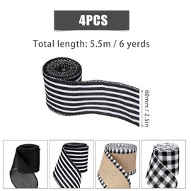 AIEX 4 Rolls 6.56 Yard Plaid Ribbon Burlap Fabric for Crafts, Black and White Plaid Burlap Wired Ribbons Strap Decorations for DIY Crafts Making Countryside Style Bow-Knot (4 Styles), White,Black