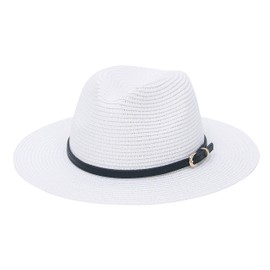 Straw Sun Hats for Women Men Panama Fedora Summer Hat with Leather Belt Wide Brim Beach Sun Jazz Cap, 1#white, 7-7 1/4