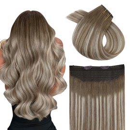 Easyouth Wire Hair Extensions Real Human Hair Balayage Wire Hair Extensions Chestnut Brown Balayage Platinum Blonde Fishing Line Hair Extensions Healthy 18inch 80g