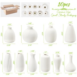 10pc Ceramic Bud Vases Set - 2-3 Inch White Small Vase Collection for Flowers | Boho & Modern Ceramic Vase Set for Table Décor, Wedding, Cute Vase Home Decor
