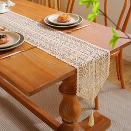Cotton Lace Boho Table Runner, Macrame Table Runner Farmhouse Style, Mesh Woven Table Runner with Tassels for Dining Table Wedding Bridal Party (Beige 10 x 72 Inch)