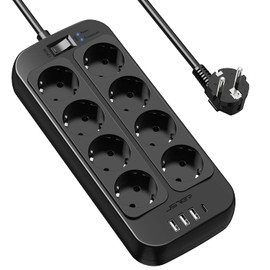 JSVER Steckdosenleiste mit USB,8 Fach Mehrfachsteckdose(3680W 16A) mit 4 USB Mehrfachstecker Verteilersteckdose mit Schalter, Wandmontage Überspannungsschutz für Zuhause Büro, 2M-Schwarz