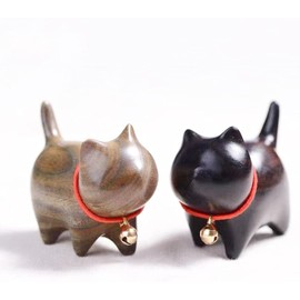 WOWTAC Cat Figurine, Wooden, Cat Goods, Gardening Cats, Gift Box Packaging, Maneki Neko, Set of 2 (Greenwood + Ebony)..