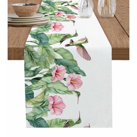 Summer Tropical Table Runner, Watercolor Style Plants Hummingbird Table Runners 72 Inches Long Washable Kitchen Dining Table Decoration for Wedding Banquet Party Farmhouse (13" x 72" )