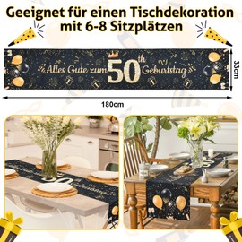 Table Runner 50th Birthday Decoration 50th Birthday Man Woman Black Gold Table Decoration Birthday for Him Her Anniversary Celebration Party Dinner Table Linen Tablecloth Decoration for Home, 183 x 33