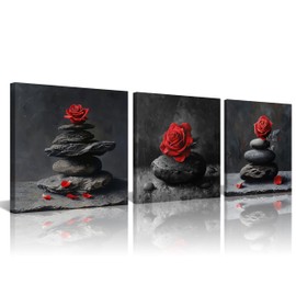 NAN Wind 3 Piece Black and White Red Rose Flowers Wall Art Zen Pebble Stone Giclee Print Framed Artwork Zen Canvas Prints Calm Peaceful Still Life Floral Picture Modern Meditation Spa Room Wall Decor