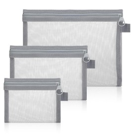 Josojoou 3 Pcs Mesh Makeup Bag with Zipper, Travel Kit Storage Pouch, Portable Toiletry Bags, Multipurpose Nylon Bagfor Home Office Purse(3 Sizes, Gray)