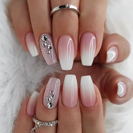 Coffin Press on Nails Medium Length With Rhinestone Designs Full Cover Gradient Acrylic False Nails for Women Cute Glitter Glue on Manicure Kit 24Pcs