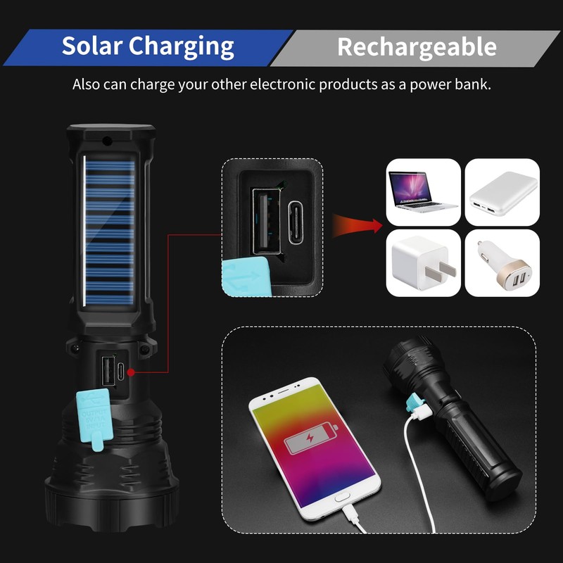 VOETIR Led Solar Flashlight, 1500 Lumens Led Solar Handheld Rechargeable
