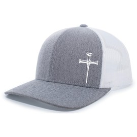Men's Christian Faith Cross Nails Embroidered Mesh Back Trucker Hat, Heather Grey/White