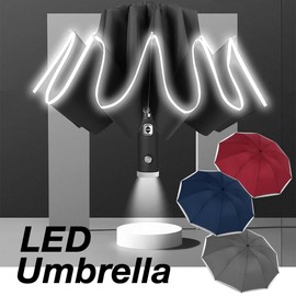 Automatic Open Close Compact Folding Windproof Umbrella with LED Light, 10 Bones, Large, Lightweight Travel, Reversible, Anti-UV, Rain, Sun, Windproof Parasol (Black)