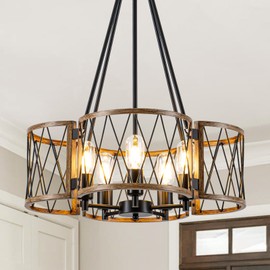 LUZBBLU 20.8'' Farmhouse Chandeliers for Dining Room, 5-Light Rustic Chandelier Wood Grain Metal Round Hanging Light Fixture, Vintage Drum Pendant Lights for Living Room, Bedroom, Kitchen, Entryway