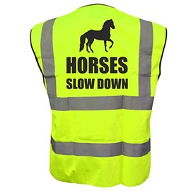 Equestrian HORSES SLOW DOWN Hi Viz Vis Vest Horse Riding Reflective Waistcoat Jacket Road Safety Visibility Yellow Medium