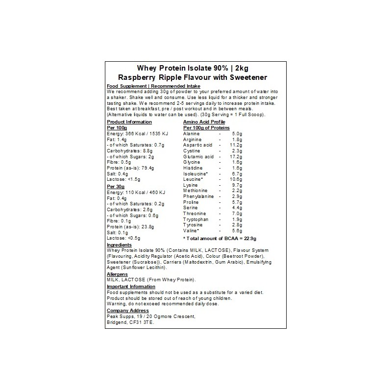 Whey Protein Isolate 90% - Raspberry Ripple Flavour (2kg, Raspberry