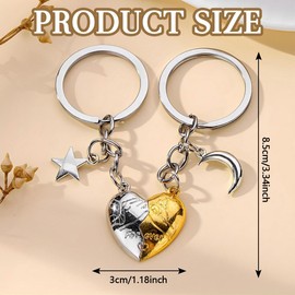 Pair of Key Chains, Heart Keyrings, Magnetic Removable Key Fob, Pendant Key Ring with Moon Sun, Stainless Steel, Anniversary Couple Gifts for Both