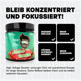 FTWIN HIGH VOLTAGE BOOSTER | Für GAMER und E-SPORTLER | REFLEX – FOCUS – ENERGY – ENDURANCE | 320 g = 40 Portionen (320 g, Melon Mania)