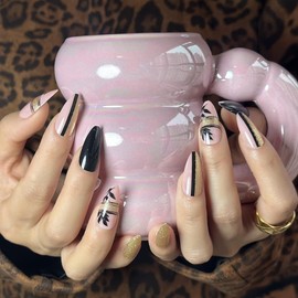 24 Pcs Press on Nails Medium,Lucoffeoi Almond Fake Nails with Nail Glue Almond and Square on Nails Set with Adhesive Tabs File Nails Tips for Women Girls Kids