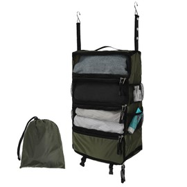 TABITORA Travel Luggage Organizer Hanging Packing Cubes Portable Hanging Shelves Carry on Closet for Suitcase with 2 Hooks,Collapsible(Darkgreen,M)