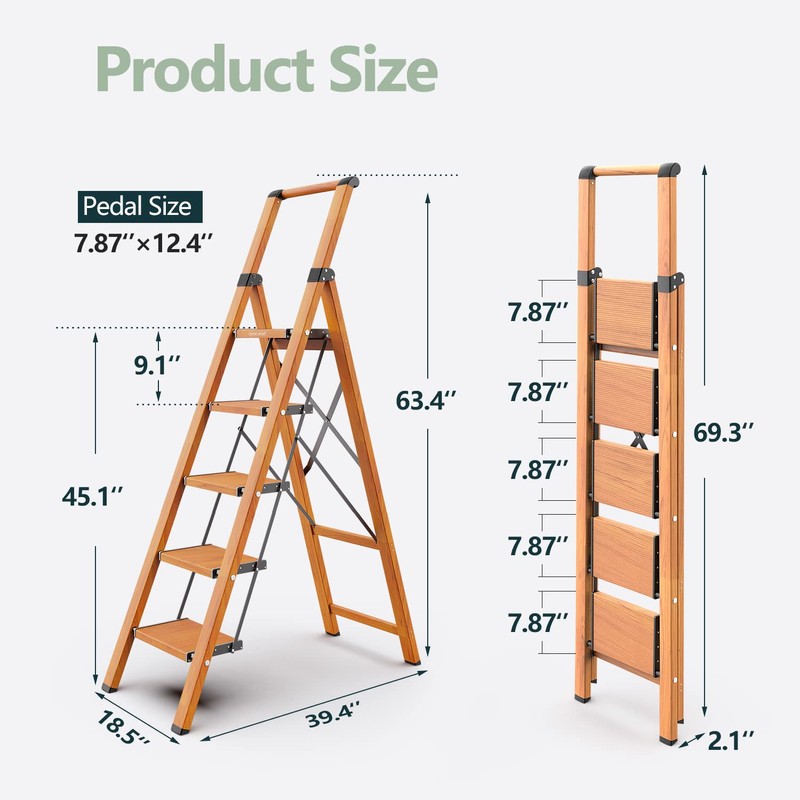 WOA WOA 5 Step Ladder, Ladders for Home, Anti-Slip Pedals,