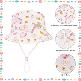 JUPSK Children Beach Hat, Unisex Kid Summer Hats Bucket Hat Wide Brim Sun Protection Hats Foldable Kids Sun Cap with Dinosaur Unicorn Pattern White