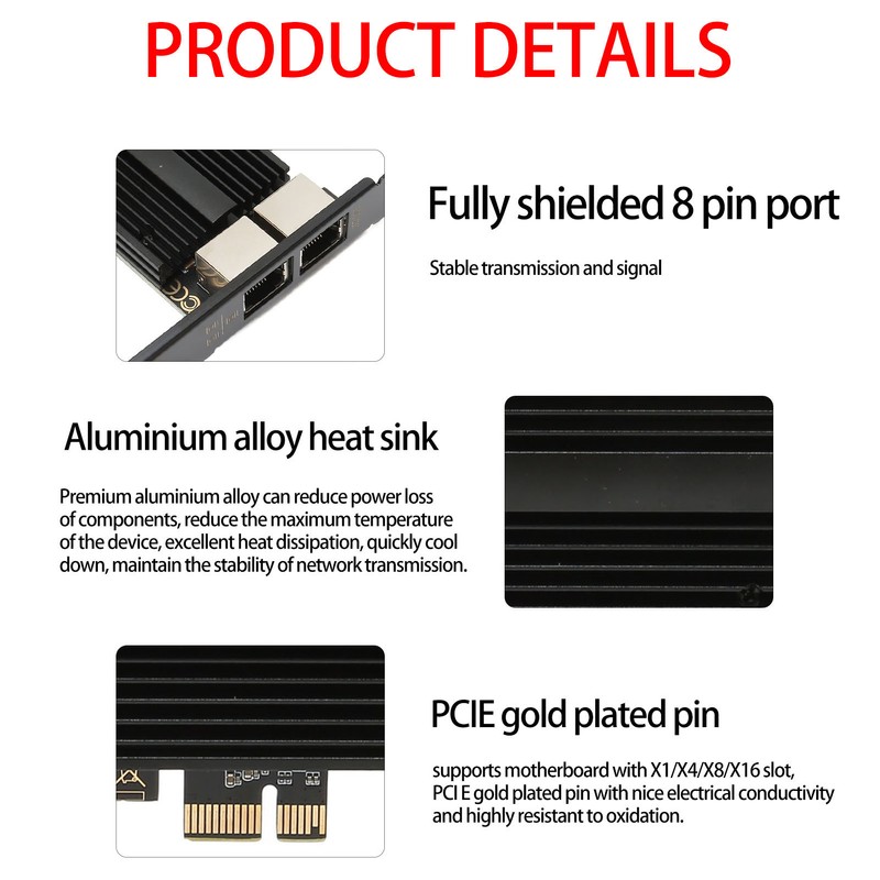 PCIe Network Card 2.5Gbps Dual Port Gold Plated Pin Aluminium