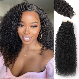 YDDM Black Women's Tape Extensions, Real Hair, Black, Kinky Curly Tape-In Hair Extensions, Real Hair Tapes, Invisible Extensions, Real Hair, Tape Extensions, Real Hair, 18 Inches, 60 Pieces, 120 g
