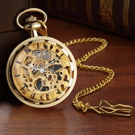 VIGOROSO Mens Steampunk Pocket Watch with Chain Skeleton Manual Hand Wind Mechanical Watches for Men, Gift for Husband