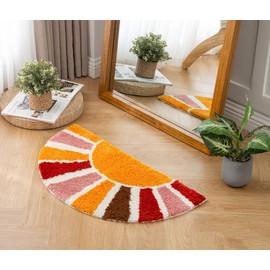 QIUKUN Boho Bathroom Rugs Half Circle Bath Mat Cute Bohemian Bath Rug for Bedroom Small Carpet Home Decor Non-Slip Semi Round Shower Rug Funny Washable Indoor Floor Door Mat Sun Retro