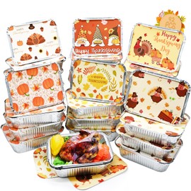 DINESIL 42 Pcs Thanksgiving Tin Foil Containers with Lids, Disposable Aluminum Foil Food Leftover Containers Storage Pans for Thanksgiving Autumn Fall Holiday Treat Goodies Party Supplies