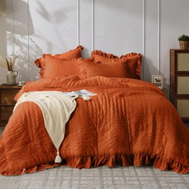JOLLYVOGUE King Comforter Set, 3 Pieces Seersucker Comforters King Size, Lightweight & Fluffy Bedding Sets King for All Season with 1 Ruffle Comforter and 2 Ruffle Pillowshams, Burnt Orange